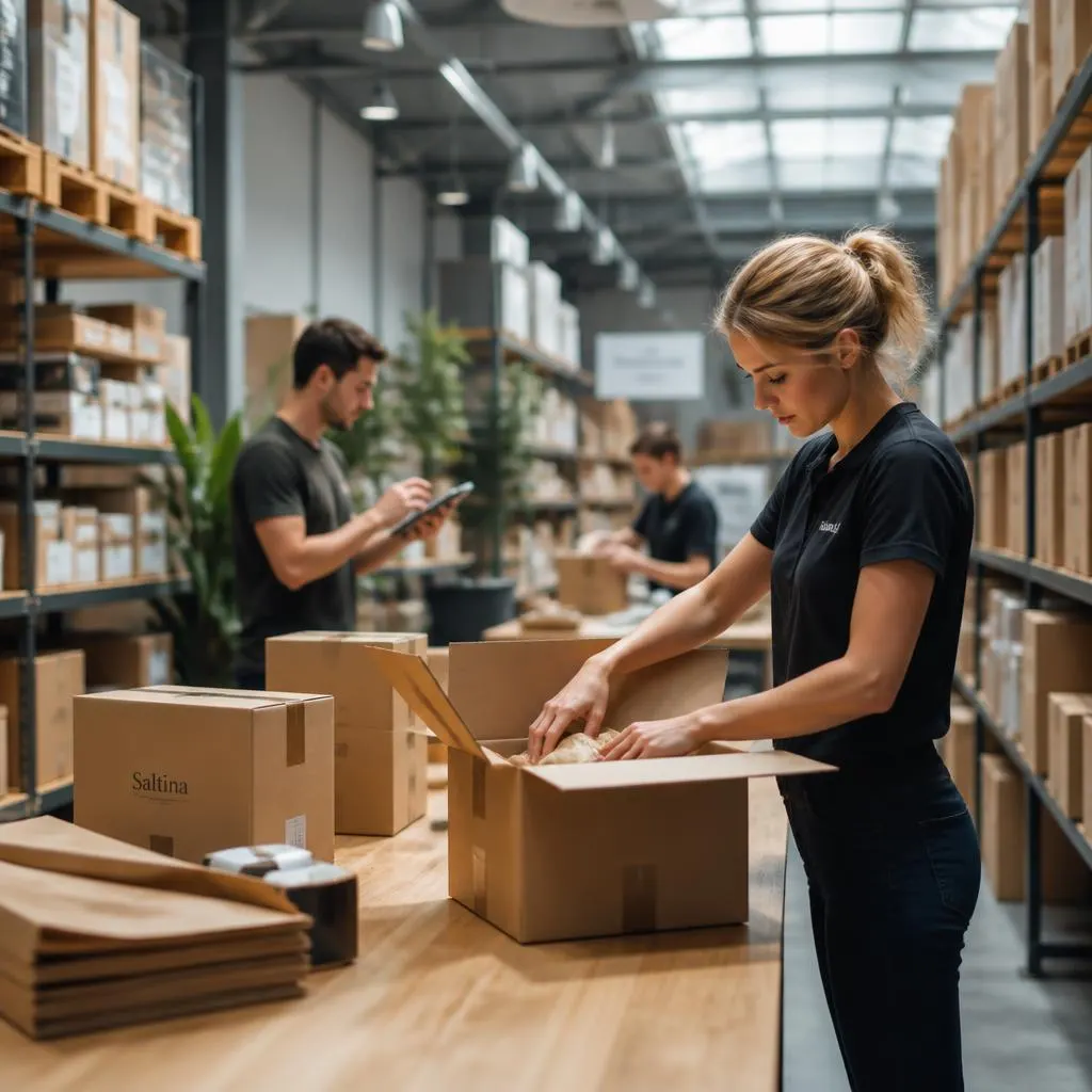 Magazzino logistico e-commerce con operatori al packing